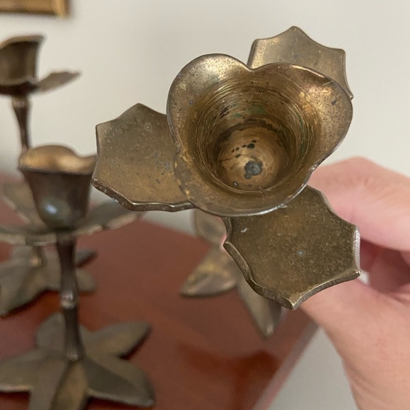 Set of 3 Solid Brass Flower Candle Holders Lotus ? - Picture 5 of 12